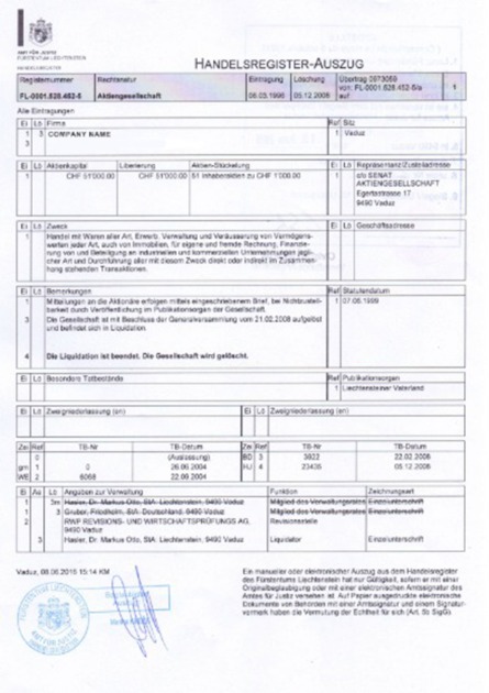Liechtenstein Certificate of Incorporation